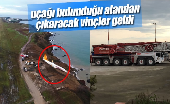 Trabzon'da pistten çıkan uçağı bulunduğu alandan çıkaracak vinçler geldi