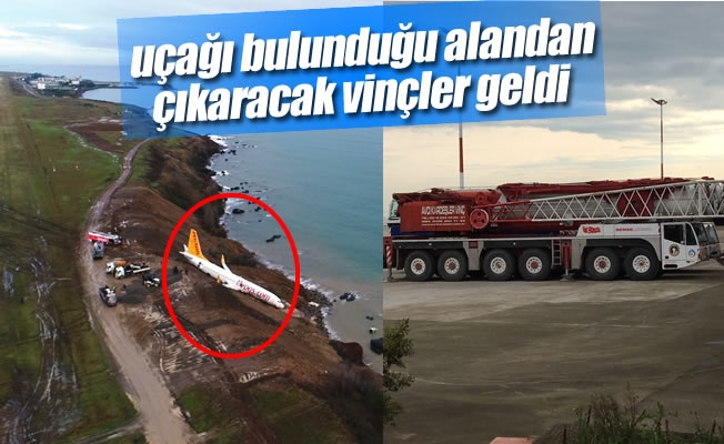 Trabzon'da pistten çıkan uçağı bulunduğu alandan çıkaracak vinçler geldi Trabzon'da pistten çıkan uçağı bulunduğu alandan çıkaracak vinçler geldi