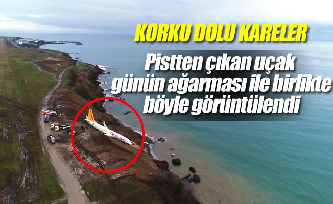 Trabzon'da pistten çıkan uçak günün ağarması ile birlikte havadan görüntülendi